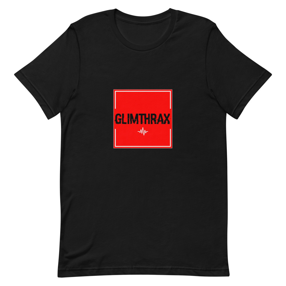 GLIMTHRAX Glitch Tee – Bold Red‑Black Electro Pop